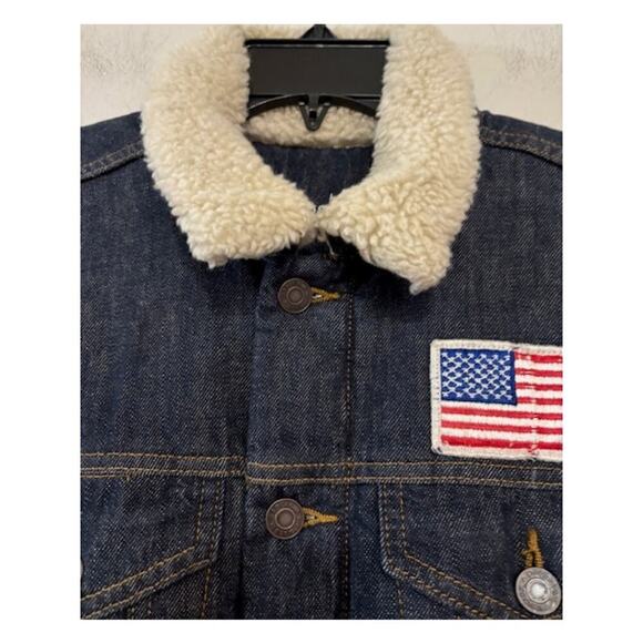 Gap Mens Fleece Lined Trucker Denim Jacket Sherpa Flag USA Size Medium - Picture 5 of 7